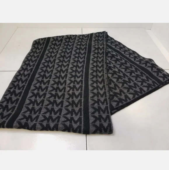 Michael Kors Scarf Signature Logo MK Acrylic 64" long monogram black gray - Picture 3 of 3